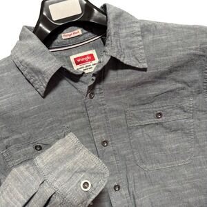 Wrangler Mens Gray Long Sleeve Button Up Shirt M Vintage Wash Metal Button Work
